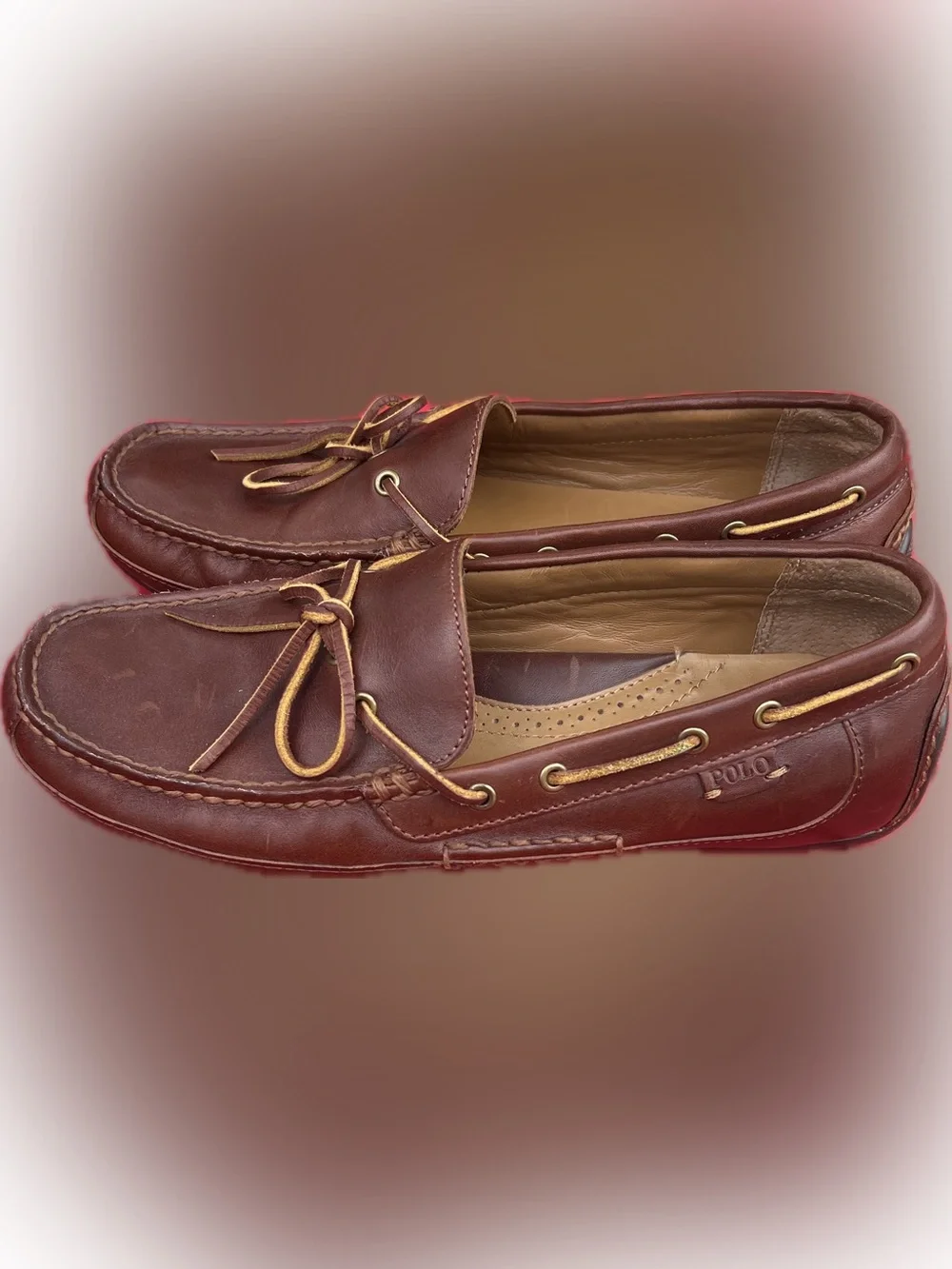 Polo Ralph Lauren Men's Brown Leather Boat Shoes Lace-Up Round Toe Rubber